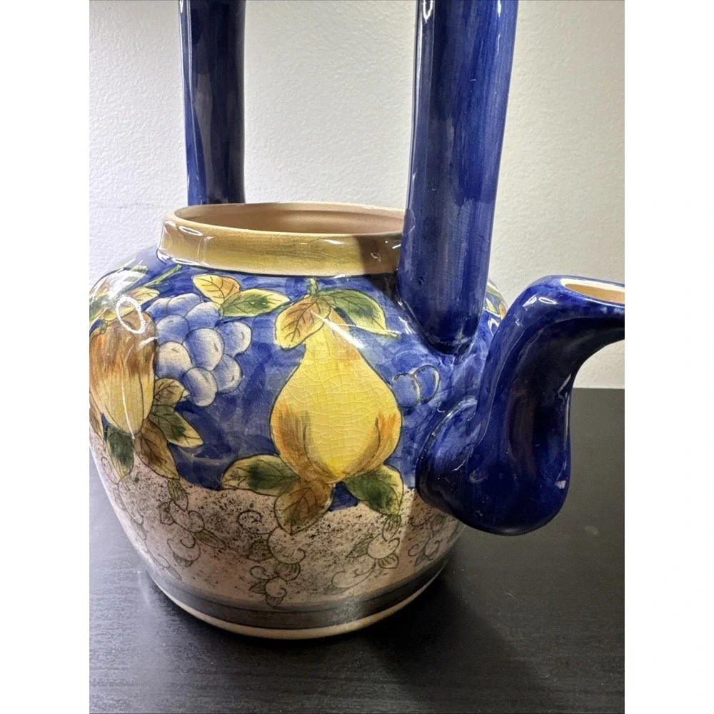 Lg Vtg Ceramic Pottery Teapot With‎ Lid Colorful Cobalt Blue Yellow Pears